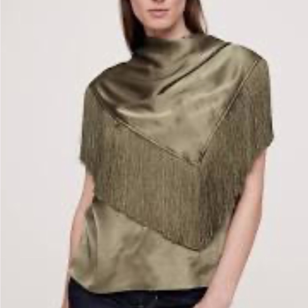 Banana Republic Silly Crepe Fringe Top in Moss Green. NWT Size XS